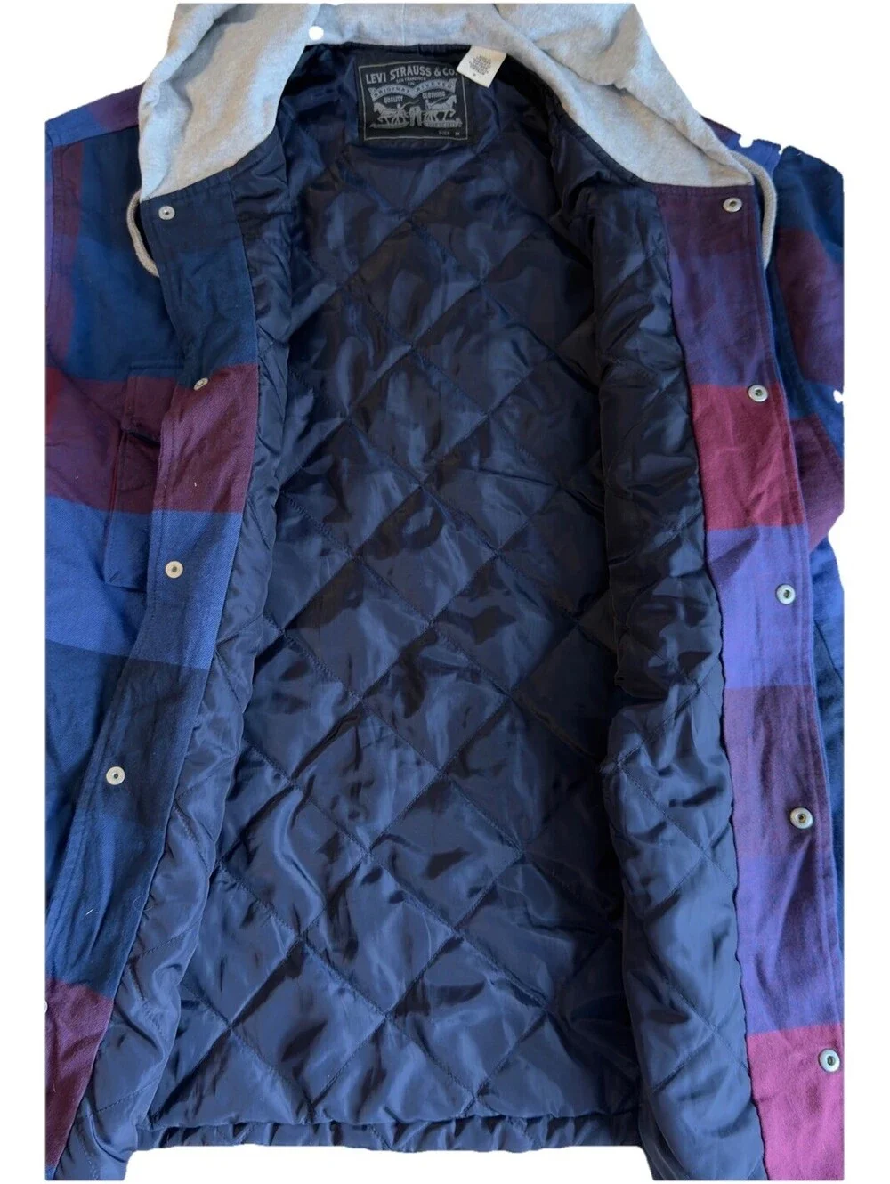 Levi’s Hooded Plaid Shirt Jacket Mens M Blue Burgundy Quilted Flannel Coat